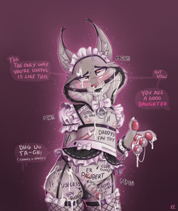 anthro arms_tied aroused_face arrow_pointing_to_crotch ball_gag balls belly belt belt_accessory belt_collar bite bite_mark blush bodily_fluids body_writing bottomwear bound bow_tie chain chained chained_cuffs chastity_cage chastity_device claws clothed clothing collar_tag cross-eyed cum cum_drip cum_dumpster cum_in_ass cum_in_mouth cum_inside cum_on_face cum_on_penis degradation dialogue directional_arrow dirty_talk dominant dripping ejaculation erect_nipples excited femboy feminization fishnet_clothing fishnet_leggings fishnet_legwear foreskin gag gender_play genital_fluids genitals good_girl half-erect heart_eyes heart_symbol humiliation inviting_to_sex leg_markings leggings legwear lingerie maid_bikini maid_collar maid_hat maid_headdress maid_uniform male marker markings misgendering moan navel nervous nervous_smile nipple_bite nipple_fetish nipple_play nipples orgasm_face panties partially_clothed pawpads paws penis precum precum_drip presenting shy silenced simple_background skimpy slutty_face solo speech_bubble stockings submissive submissive_male talking_to_another tally_marks text thigh_markings thighs_together tight_bottomwear tight_clothing tight_panties tight_underwear underwear uniform verbal_degradation verbal_domination western_tally_marks wide_hips writing_on_arm writing_on_belly writing_on_chest writing_on_thigh katxfish disney zootopia pawbert_lynxley canada_lynx felid feline lynx mammal absurd_res english_text hi_res incest_(lore) son_(lore)