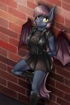 amber_eyes anthro bat_wings biped black_bottomwear black_clothing black_topwear boots bottomwear brick_wall clothed clothing female fishnet_clothing fishnet_legwear footwear fully_clothed laced_boots leaning leaning_on_wall legwear looking_at_viewer membrane_(anatomy) membranous_wings pupils shirt_logo shoes skirt slit_pupils solo spread_wings stockings tongue tongue_out topwear wall_(structure) wings d-lowell hasbro my_little_pony fan_character ventress bat_pony equid mammal 2:3 digital_media_(artwork) hi_res portrait three-quarter_portrait