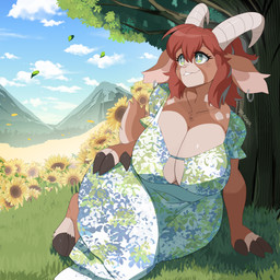 anthro big_breasts biped breasts brown_body cleavage clothed clothing cloven_hooves detailed_background dress eyelashes eyes_closed female hooves huge_breasts outside plant pupils smile solo tree drawligator bovid caprine goat mammal 1:1 2026 absurd_res digital_media_(artwork) hi_res