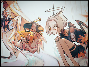 anthro clothed clothing duo feathered_wings feathers female halo male missing_arm puppet wings totemonemutai7 hazbin_hotel hellaverse adam_(hazbin_hotel) lute_(hazbin_hotel) sir_pentious_(hazbin_hotel) angel angel_humanoid humanoid reptile scalie snake hi_res