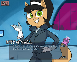 anthro clothing dialogue dialogue_box fake_game fake_screencap female fur gameplay_mechanics gloves green_eyes hand_on_hip handwear open_mouth open_smile smile solo talking_to_viewer tan_body tan_fur text dbaru nickelodeon t.u.f.f._puppy kitty_katswell domestic_cat felid feline felis mammal 2025 dated english_text