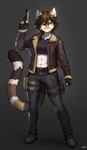 anthro belt bomber_jacket breasts clothed clothing cosplay crop_top female fingerless_gloves footwear fully_clothed fur gloves gradient_background grey_background gun hair handgun handwear holding_gun holding_handgun holding_object holding_pistol holding_ranged_weapon holding_weapon jacket midriff navel open_clothing open_jacket open_topwear pistol ranged_weapon shirt shoes simple_background solo standing tactical_gear topwear trigger_discipline usp usp_tactical weapon pgm300 capcom heckler_and_koch resident_evil helia_peppercats leon_kennedy domestic_cat felid feline felis mammal 2023 absurd_res digital_media_(artwork) full-length_portrait hi_res portrait