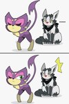 bent_over duo ellipsis eyes_closed female feral looking_away male simple_background stretching white_background blackravebow nintendo pokemon away bowtirage canid canine felid feline generation_3_pokemon generation_5_pokemon mammal mightyena pokemon_(species) purrloin comic hi_res