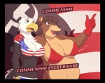 4_fingers american_flag american_flag_bikini anthro beak big_breasts bikini black_border border breasts brown_body brown_fur brown_hair brown_nose cleavage clothed clothing communism duo eyebrows eyelashes female fingers flag flag_background flag_bikini flag_clothing flag_print flag_swimwear fur gloves hair hammer_and_sickle hand_on_shoulder handwear huge_breasts midriff navel open_mouth overweight politics print_bikini print_clothing print_swimwear russia russian skimpy soviet_union swimwear teeth tight_clothing tongue two-piece_swimsuit united_states_of_america spotty_the_cheetah jane_(spotty_the_cheetah) natasha_(spotty_the_cheetah) accipitrid accipitriform avian bald_eagle bear bird eagle mammal sea_eagle 2010 lol_comments meme signature