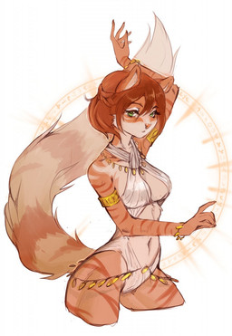 anthro brown_hair clothing dancer_outfit dancing feline_nose female fluffy fluffy_tail fur gold_(metal) gold_jewelry green_eyes hair halo jewelry magic magic_circle magic_runes runes short_hair solo standing striped_body striped_fur stripes tail translucent translucent_clothing kardie athiesh domestic_cat felid feline felis mammal hi_res