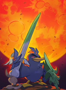 ambiguous_gender anthro melee_weapon moon polearm shield solo spear weapon naoki_saito nintendo pokemon avian bird generation_8_pokemon pokemon_(species) sirfetch'd hi_res warm_colors