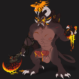 abs animal_genitalia animal_penis anthro arm_scar axe balls big_feet bioluminescence bodily_fluids chain chest_scar claws cum curved_horn dark_body dark_fur dewclaw erection fangs feet fur genital_fluids genitals glowing glowing_eyes holding_axe holding_object horn lava lava_cum male muscular muscular_anthro muscular_male nipples penis pink_body pink_fur scar solo standing tail tail_tuft teeth tuft unusual_bodily_fluids unusual_cum unusual_genital_fluids yellow_eyes neltruin guild_wars godforged_sigmus charr felid mammal 2021 colored colored_line_art hi_res