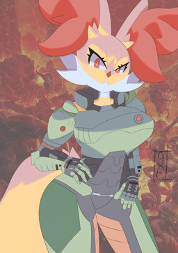 angry anthro armor big_breasts breasts clothed clothing female fur inner_ear_fluff looking_at_viewer photo_background red_eyes solo tuft yellow_body yellow_fur gamesfan doom_(series) id_software microsoft nintendo pokemon delphox generation_6_pokemon pokemon_(species) 2021 absurd_res digital_media_(artwork) hi_res photography_(artwork) signature