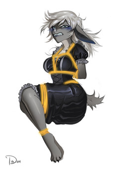 4_toes angry anthro arm_warmers arms_tied armwear bat_ears bat_nose bdsm blood blue_blush blue_eyes blush bodily_fluids bondage bound breasts claws clenched_teeth clothed clothing colored_blood ears_down feet female footwear fur glowing grey_body grey_fur hair hands_behind_back legs_tied legs_together legwear long_ears lying maid_uniform on_side pivoted_ears ponytail restraints rope rope_bondage rope_harness shoes short_tail simple_background solo tail teeth thigh_highs toes underwear uniform unusual_blood unusual_bodily_fluids white_background white_hair tyo_dem iselle_(snubby) bat mammal 3:4 absurd_res colored digital_drawing_(artwork) digital_media_(artwork) full-length_portrait hi_res portrait signature