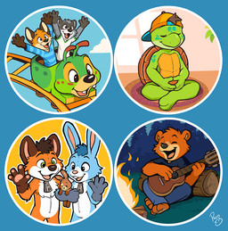 acoustic_guitar amusement_ride anthro campfire closed_smile clothed clothing costume duo eyes_closed fire fur fursuit gloves_(marking) green_body green_eyes grey_body grey_fur guitar holding_guitar holding_musical_instrument holding_object holding_plushie logo male markings mouth_closed musical_instrument nude open_mouth open_smile orange_body orange_fur plucked_string_instrument plushie roller_coaster sitting smile solo standing string_instrument tan_body tan_fur young young_anthro young_male pandapaco art_(pandapaco) biro_(pandapaco) julio_(pandapaco) bear canid canine fox lagomorph leporid mammal procyonid rabbit raccoon reptile scalie turtle artist_logo multiple_images signature
