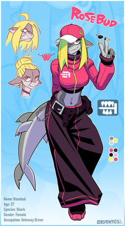 5_fingers angry anthro baseball_cap belt big_breasts black_belt black_bottomwear black_choker black_clothing black_footwear black_jewelry black_necklace black_pants black_shoes blonde_hair blue_background border bottomwear breasts choker clenched_teeth closed_smile clothed clothing color_swatch cropped_jacket ear_piercing eyelashes female fin fin_piercing fin_ring fingers footwear front_view furgonomic_piercing furgonomics gesture gradient_background gradient_border grey_body hair hair_bun hair_over_eye hand_gesture happy hat headgear headwear industrial_piercing jacket jewelry keychain long_hair looking_at_viewer midriff mouth_closed navel necklace non-mammal_breasts open_mouth open_smile outline pants piercing pink_clothing pink_eyes pink_hat pink_headwear pink_jacket pink_topwear pouch_(clothing) pupils sharp_teeth simple_background smile snout solo standing stated_adult stated_age tail teeth text tongue tongue_piercing topwear v_sign white_outline white_pupils lobsteritus rosebud_(lobsteritus) aquatic fish shark 2023 absurd_res character_name dated digital_media_(artwork) english_text full-length_portrait hi_res multiple_images portrait signature trans_(lore) trans_woman_(lore)