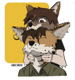 ambiguous_gender anthro brown_body brown_fur brown_hair clothed clothing duo ear_piercing ears_down ears_up eyes_closed fur hair half-closed_eyes headpat male narrowed_eyes orange_body orange_fur patting piercing pivoted_ears basic_eagles_(artist) canid canine canis felid feline jackal mammal serval brown_theme