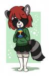 anthro beverage bottomwear brown_hair clothed clothing drinking drinking_straw female footwear fur hair holding_object legwear simple_background skirt smile socks soda solo standing sweater topwear young young_anthro aggie_(artist) mammal procyonid raccoon 2018 digital_media_(artwork) hi_res