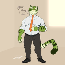 anthro belly belt black_bottomwear black_clothing black_footwear black_pants black_shoes bottomwear cheek_tuft clock clothed clothed_male clothing countershading dialogue eyebrows facial_tuft fingerless_(marking) footwear forearm_muscles fully_clothed fully_clothed_male fur green_body green_fur green_stripes hand_on_belly head_tuft looking_at_viewer male male_anthro moobs necktie orange_necktie orange_nose overweight overweight_male pants red_eyes rolled_up_sleeves shoes simple_background smile solo striped_body striped_fur stripes tail text thick_eyebrows tuft wall_(structure) watch whisker_spots whiskers white_dress_shirt alibi_47 felid mammal pantherine tiger 1:1 2024 digital_media_(artwork) english_text flat_colors hi_res signature