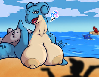 areola beach big_breasts breasts busty_feral female feral flippers huge_breasts inviting_to_sex looking_at_another multicolored_body nipples size_difference solo tan_areola tan_nipples two_tone_body tkho nintendo pokemon aquatic generation_1_pokemon lapras pokemon_(species) absurd_res hi_res