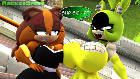 alternate_costume annoyed anthro armwear big_breasts breast_size_difference breast_squish breasts breasts_frottage clothing cross-popping_vein dress duo ear_piercing elbow_gloves fangs female fishnet_clothing fishnet_topwear gloves hand_on_hip handwear huge_breasts narrowed_eyes nipple_outline piercing sharp_teeth smug_expression speech_bubble squish teasing teeth tongue tongue_out topwear rocketspuff idw_publishing sega sonic_boom sonic_the_hedgehog_(comics) sonic_the_hedgehog_(idw) sonic_the_hedgehog_(series) sticks_the_jungle_badger surge_the_tenrec afrosoricid badger mammal mustelid musteline tenrec 16:9 3d_(artwork) 4k absurd_res digital_media_(artwork) hi_res widescreen