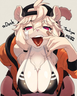 5_fingers anthro backwards_baseball_cap backwards_hat band-aid band-aid_on_face bandage bandage_on_face baseball_cap bedroom_eyes bent_over big_breasts bikini blush bodily_fluids bottomwear breasts claws cleavage clothed clothing cloud curvy_figure drooling exposure_variation eyelashes fangs female female_anthro finger_fetish finger_in_mouth finger_play fingers fish_hooking front_view fur gesture glistening glistening_bodily_fluids glistening_body glistening_breasts glistening_clothing glistening_eyes glistening_fur glistening_hair glistening_nose glistening_saliva glistening_tongue grey_background hair half-closed_eyes halter halter_bikini hanging_breasts hat headgear headwear holding_mouth_open huge_breasts humanoid_hands jacket leaning leaning_forward light long_hair monotone_body monotone_breasts monotone_fur monotone_hair mouth_shot muscular muscular_anthro muscular_female narrowed_eyes nipple_outline open_mouth oral_invitation pink_nose presenting_mouth red_eyes red_tongue saliva seductive shadow simple_background skimpy sky solo suggestive suggestive_gesture sweat swimwear teeth text thick_thighs thigh_gap tomboy tongue topwear tufted_fur two-piece_swimsuit white_body white_breasts white_fur white_hair wide_hips mid_skb frankie_(extremedash) felid lion mammal pantherine 2020 4:5 digital_media_(artwork) english_text hi_res portrait signature