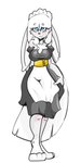 3_toes anthro barefoot blue_eyes blush breasts clothing feet female fluffy fur grey_body grey_fur hair long_ears long_hair maid_hat maid_uniform mute scar smile solo toes uniform white_body white_fur white_hair mikomistar alexis_watterson_(rubythepinkdragon) lagomorph leporid mammal rabbit