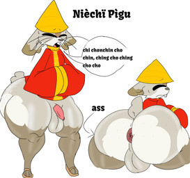anthro anus asian_clothing balls big_butt butt chinese_clothing clothing east_asian_clothing eyes_closed genitals grey_body huge_butt male penis solo stereotype text whiskers wannapossums lagomorph mammal pika hi_res model_sheet