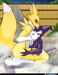 anthro big_breasts blush bodily_fluids breast_squeeze breasts breasts_in_face breasts_squeezed_together cum duo female female_fox genital_fluids hot_spring male male/female nude sex squeezing water vcampan bandai_namco digimon canid canine digimon_(species) fox humanoid imp impmon mammal renamon hi_res