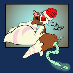 ambiguous_gender ambiguous_pooping anthro asking_viewer black_border black_sclera blue_background border brown_background brown_body brown_fur buckteeth butt colored_feces cotton_tail cybernetics feces floppy_ears food food_feces fruit fur gradient_background green_feces ice_cream_feces looking_at_viewer looking_back looking_back_at_viewer machine pink_body pink_fur plant pooping red_eyes scatplay simple_background solo strawberry talking_to_viewer teeth text unusual_feces white_body white_fur rakugaki_(artist) nintendo pokemon merengue_(rakugaki) alcremie cyborg generation_4_pokemon generation_8_pokemon hybrid lopunny pokemon_(species) strawberry_sweet_alcremie vanilla_cream_alcremie alpha_channel english_text hi_res