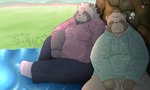 anthro bottomwear brown_body clothing duo hoodie kemono male outside overweight overweight_male pants sitting sleeping topwear tai_tanuki canid canine mammal raccoon_dog tanuki 2023 5:3 hi_res