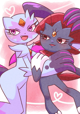 ambiguous_gender anthro blush blush_lines claws duo eyelashes fangs featureless_crotch finger_claws fur grey_body heart_symbol hug open_mouth purple_body purple_eyes purple_fur simple_background tail teeth toe_claws tongue tsuku_neee nintendo pokemon generation_4_pokemon generation_8_pokemon pokemon_(species) sneasler weavile 2026 hi_res signature