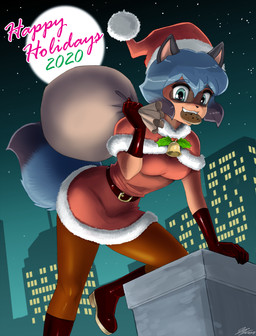 anthro bell blue_hair blue_tail breasts building christmas_clothing christmas_headwear city clothing cookie dipstick_tail female food food_in_mouth full_moon hair hat headgear headwear holidays holly_(plant) markings moon night plant santa_hat sky solo star starry_sky tail tail_markings text john_joseco brand_new_animal christmas studio_trigger michiru_kagemori canid canine mammal raccoon_dog tanuki 2020 absurd_res digital_media_(artwork) english_text hi_res shaded