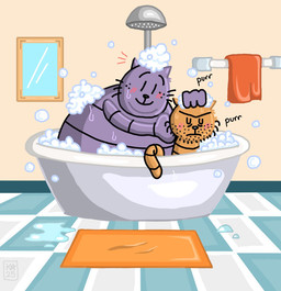 anthro bathing bathtub blush detailed_background duo eyes_closed male male/male overweight overweight_male purple_body purring ohmeowgerd dog_man_(series) big_jim_(dog_man) grampa_(dog_man) domestic_cat felid feline felis mammal 2025 hi_res