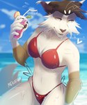 anthro beach beverage bikini bikini_bottom bikini_top blurred_background breasts cheek_tuft cleavage clothed clothing container cup day dripping dripping_wet facial_tuft female fluffy food fruit fur fuzzy half-closed_eyes head_tuft heart_symbol holding_beverage holding_container holding_cup holding_object juice_(beverage) lemon looking_away narrowed_eyes navel plant pose red_bikini red_clothing red_swimwear sea seductive sky slim solo swimwear tuft two-piece_swimsuit water wet wet_body wet_fur whiskers white_body white_fur mekaska mikasa_(mekaska) domestic_cat felid feline felis mammal hi_res pinup