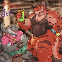 abs anthro anthrofied biceps bottomwear bulge clothed clothing deltoids duo exercise flexing flexing_bicep genitals horn humanoid_genitalia humanoid_penis male male/male muscular muscular_arms muscular_male muscular_thighs nipples pecs penis penis_base red_body shirt shorts simple_background smile tail tank_top teeth text thong tongue tongue_out topwear triceps underwear vein veiny_muscles weightlifting weights workout galrock marvel marvel_rivals moon_girl_and_devil_dinosaur devil_dinosaur_(moon_girl_and_devil_dinosaur) jeff_the_land_shark aquatic dinosaur fish land_shark_(species) prehistoric_species reptile saurischian scalie shark theropod tyrannosaurid tyrannosauroid tyrannosaurus tyrannosaurus_rex 1:1 english_text hi_res