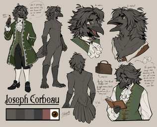 anthro beak biped bottomwear butt claws clothed clothed_anthro clothed_male clothing eyewear feathers feet fingers footwear front_view fully_clothed fully_clothed_anthro fully_clothed_male glasses male nude nude_anthro nude_male pants rear_view shoes smile solo standing tail text toes tongue topwear tatujapa joseph_corbeau avian bird corvid corvus_(genus) oscine passerine raven 2026 digital_drawing_(artwork) digital_media_(artwork) english_text hi_res
