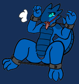 animal_genitalia anthro bdsm blue_body blue_skin blush bodily_fluids bondage bound breath cloaca collar crying female flat_chested front_view gag gagged genitals horizontal_cloaca nude open_mouth_gag restraints ring_gag slave solo spreader_bar tears translucent translucent_body trout_(artist) lolori kobold reptile scalie 2018 aliasing alpha_channel digital_media_(artwork) full-length_portrait portrait