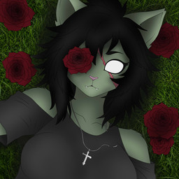anthro cross cross_necklace female flower fur grass green_body green_fur jewelry necklace plant rose_(flower) solo white_eyes caucau123 khaela felid feline mammal undead zombie 1:1 hi_res