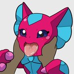 anthro blue_eyes blush bodily_fluids bow_tie face_squish frill_(anatomy) membrane_(anatomy) membranous_frill mouth_shot open_mouth pink_body saliva squish suggestive_look tongue tongue_out dantamer bandai_namco digimon digimon_(species) elizamon human mammal 1:1