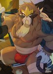 2021 5_fingers anthro asian_clothing ball_slip balls biceps biped brown_body brown_eyes brown_fur bulge chest_wraps claws clothed clothing colored dangpa detailed_background east_asian_clothing entei fingers fundoshi fundoshi_only fur generation_2_pokemon genitals group hair hi_res humanoid_hands japanese_clothing leg_wraps legendary_pokemon male muscular muscular_anthro muscular_male muscular_thighs nintendo nipples pecs pokemon pokemon_(species) red_clothing red_fundoshi red_underwear scar shiny_pokemon signature solo_focus tied_hair topless underwear underwear_only white_hands wraps