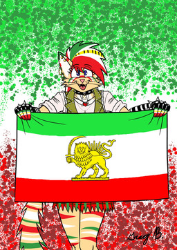 barbed_tongue blue_eyes bottomwear clothing collar ear_piercing female fur gloves handwear heart_symbol iran iranian_flag jewelry looking_at_viewer necklace painted_fur piercing pink_nose politics shirt shorts spiked_collar spiked_gloves spikes tongue topwear vest whiskers yellow_body yellow_fur greg_bollinger zephy_(greg_bollinger) felid lion mammal pantherine hi_res