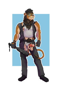 anthro black_hair body_hair chaps chest_hair clothing clothing_aside erection eyewear genitals glasses gloves hair handwear happy_trail harness hat headgear headwear jockstrap jockstrap_aside leather leather_chaps leather_clothing leather_daddy leather_gloves leather_handwear leather_harness leather_hat leather_headgear leather_headwear male mane muscular muscular_male paddle penis pubes solo tail tail_tuft tuft underwear underwear_aside brokowski roscoe_(rudemydude) felid feline lion mammal pantherine hi_res
