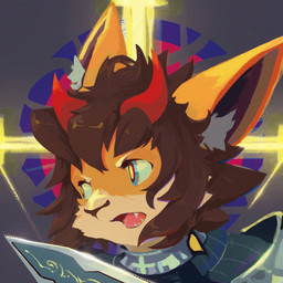 2_horns anthro biped brown_hair curved_horn fur hair horn looking_away male melee_weapon multicolored_eyes open_mouth orange_body orange_fur red_horn solo sword weapon nekokaii canid canine fox mammal 1:1 2018 hi_res