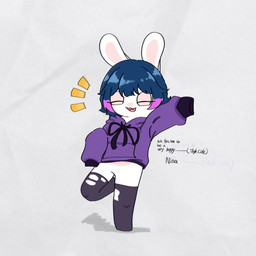 anthro bangs bent_leg black_clothing black_legwear black_stockings blue_hair clothed clothed_anthro clothed_female clothing eyelashes eyes_closed fangs featureless_crotch featureless_legs female female_anthro grey_background hair highlights_(coloring) hoodie legwear long_ears medium_hair multicolored_body multicolored_hair on_one_leg open_mouth open_smile pink_highlights pink_tongue purple_clothing purple_hoodie purple_topwear simple_background sleeves_past_fingers smile solo standing stockings tan_eyelids tan_inner_ear teeth text tongue topwear two_tone_body two_tone_hair peypey_mei1925 raving_rabbids rayman_(series) ubisoft fan_character nina_(peypey_mei1925) lagomorph mammal rabbid 1:1 2025 character_name colored digital_drawing_(artwork) digital_media_(artwork) english_description english_text shaded simple_shading