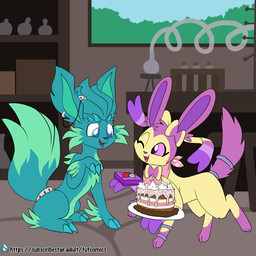 ambiguous_gender black_nose cake cheek_tuft claws dessert duo ear_piercing ear_ring eyebrows facial_tuft feral fluffy fluffy_tail food fur green_body green_fur hair_bow_(anatomy) head_tuft holding_cake holding_food holding_object inside kerchief laboratory leg_markings looking_at_another looking_at_food looking_at_object markings neckerchief neckwear one_eye_closed open_mouth open_smile piercing prehensile_ribbon quadruped red_markings ribbons_(anatomy) ring_piercing sitting sitting_on_ground smile socks_(marking) standing tail tongue tuft wink yellow_body yellow_fur fuf nintendo pokemon eeveelution generation_4_pokemon generation_6_pokemon leafeon pokemon_(species) sylveon 1:1 hi_res