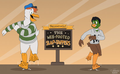 3_toes 4_fingers abstract_background anthro arm_tuft beak black_eyebrows black_hair blue_eyes blue_hair bottomless brown_body brown_eyes brown_feathers cheek_tuft clothed clothing dancing duo emanata eye_contact eyebrows facial_tuft feathers featureless_crotch feet fingers fist green_body green_clothing green_feathers green_sweater green_topwear grey_clothing grey_sweater grey_topwear grin hair knee_tuft leg_tuft logo looking_at_another male membrane_(anatomy) monotone_body motion_lines neck_tuft on_one_leg one_eye_obstructed open_beak open_mouth orange_background orange_beak orange_eyebrows orange_hair outstretched_arms pattern_background pattern_clothing pink_tongue raised_tail shadow short_hair sign simple_background smile standing striped_background striped_clothing stripes sweater tail tail_feathers teeth text toes tongue topwear tuft webbed_feet white_body white_feathers wrist_tuft jayheartwing anatid anseriform avian bird duck pelecaniform pelican 2023 artist_logo english_text flat_colors hi_res signature