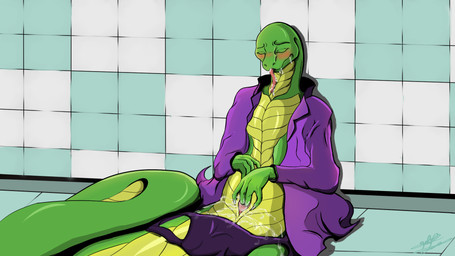 animal_genitalia anthro apode big_vulva blush bodily_fluids cloaca clothed clothing female forked_tongue genital_fluids genitals green_body green_scales legless masturbation on_ground partially_clothed purple_clothing purple_underwear saliva scales serpentine simple_background solo tongue tongue_out underwear vaginal vaginal_fluids vulva yellow_body yellow_scales tobiasnana melissa_(tobiasnana) draconcopode naga reptile scalie snake 16:9 hi_res widescreen