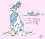 anal anal_fluids anal_fluids_on_butt anthro backsack balls blue_body bodily_fluids butt chastity_cage chastity_device clenched_teeth dialogue drooling easter_egg egg egg_from_ass egg_in_ass egg_insertion exhausted eye_roll genital_fluids genitals grass grey_body holidays kneeling lying male multiple_angles nude on_front one_ear_up oviposition paws pink_eyes plant presenting presenting_hindquarters saliva scut_tail short_tail simple_background solo spread_butt spreading tail teeth text toony x_eyes topi_(artist) easter lagomorph leporid mammal rabbit 2025 digital_drawing_(artwork) digital_media_(artwork) english_text hi_res restricted_palette signature