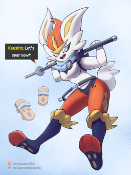 anthro belt blue_eyes breasts buckteeth clothing female footwear fur katana looking_at_viewer low-angle_view melee_weapon paws red_body red_fur sandals scabbard scarf shoes smile sword teeth weapon white_body white_fur third-party_edit xael_the_artist nintendo pokemon pokemon_mystery_dungeon spike_chunsoft cinderace generation_8_pokemon lagomorph mammal pokemon_(species) 3:4 absurd_res hi_res