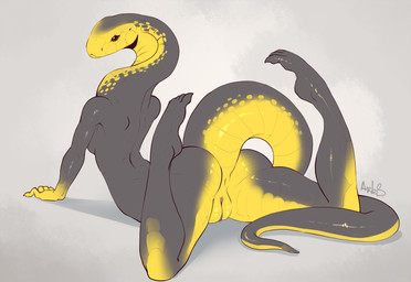 anthro anus arm_support barefoot bent_legs biped black_body black_scales breasts brown_eyes butt calves_up extended_arm feet female forward_arm_support genitals gloves_(marking) humanoid_feet humanoid_hands long_neck looking_at_viewer looking_back lying markings missing_arm multicolored_body multicolored_scales non-mammal_breasts nude on_front plantigrade presenting presenting_hindquarters raised_calf raised_tail scales side_boob simple_background snake_hood solo tail thick_tail two_tone_body two_tone_scales vulva yellow_body yellow_scales arbuzbudesh cobra reptile scalie snake 2017 archived_source signature unavailable_at_source
