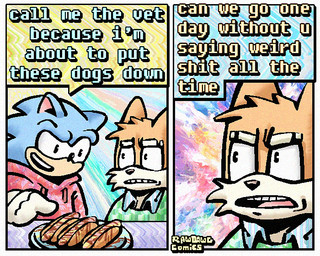 annoyed anthro blue_body blue_fur cartoon_gloves cheek_tuft chili_dog clothing dialogue duo facial_tuft food fur half-closed_eyes hoodie hot_dog humor male narrowed_eyes open_mouth open_smile smile speech_bubble sweater sweater_vest tan_body tan_fur text topwear tuft vest yellow_body yellow_fur rawdawgcomics sega sonic_the_hedgehog_(series) miles_prower sonic_the_hedgehog canid canine eulipotyphlan fox hedgehog mammal 5:4 comic english_text