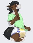 anthro blush bodily_fluids clothed clothing diaper embarrassed feathers genital_fluids looking_at_viewer male pulling_shirt_down solo standing teeth unclean_diaper urine used_diaper wearing_diaper wet_diaper wetting kuuneho equid equine horse mammal absurd_res hi_res