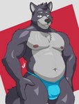 anthro clothing facial_piercing grey_body labret_piercing lip_piercing male mic muscular muscular_male nipples piercing simple_background solo underwear delta_dewitt adastra adastra_(series) echo_project amicus_(adastra) canid canine canis mammal wolf digital_media_(artwork) hi_res