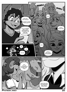 anthro biped clothed clothing detailed_background dialogue eyebrows female fingers group hair male nude open_mouth outside pupils side_view smile speech_bubble text thick_thighs nimzy noms_(nimzy) tobi_(nimzy) cricetid felid hamster hybrid liger mammal pantherine rodent comic english_text hi_res monochrome